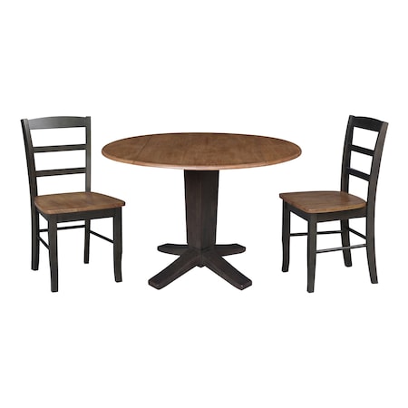 International Concepts 42 in. Solid Wood Round Drop Leaf Pedestal Table with 2 Dining Chairs in Hickory/Washed Coal K45-42DPT-23B-C2-2
